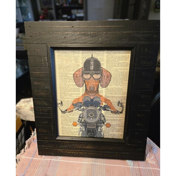 Dashschund on Motorcycle Wall Art Framed, Spike Helmet, Dictionary Background - Picture 4 of 5